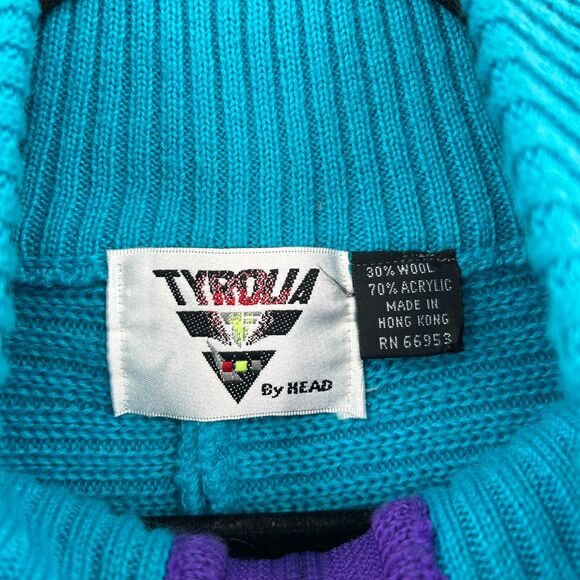 TYROLIA Men's Vintage Teal Blue Purple Wool Knit 1/4 Zip Pullover Sweater Medium - Picture 6 of 7